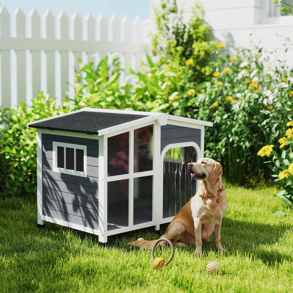 HKM-4291517 Large Dark Gray Wooden Dog House with Openable Roof and Giant Window, Weatherproof Design for Outdoor Use