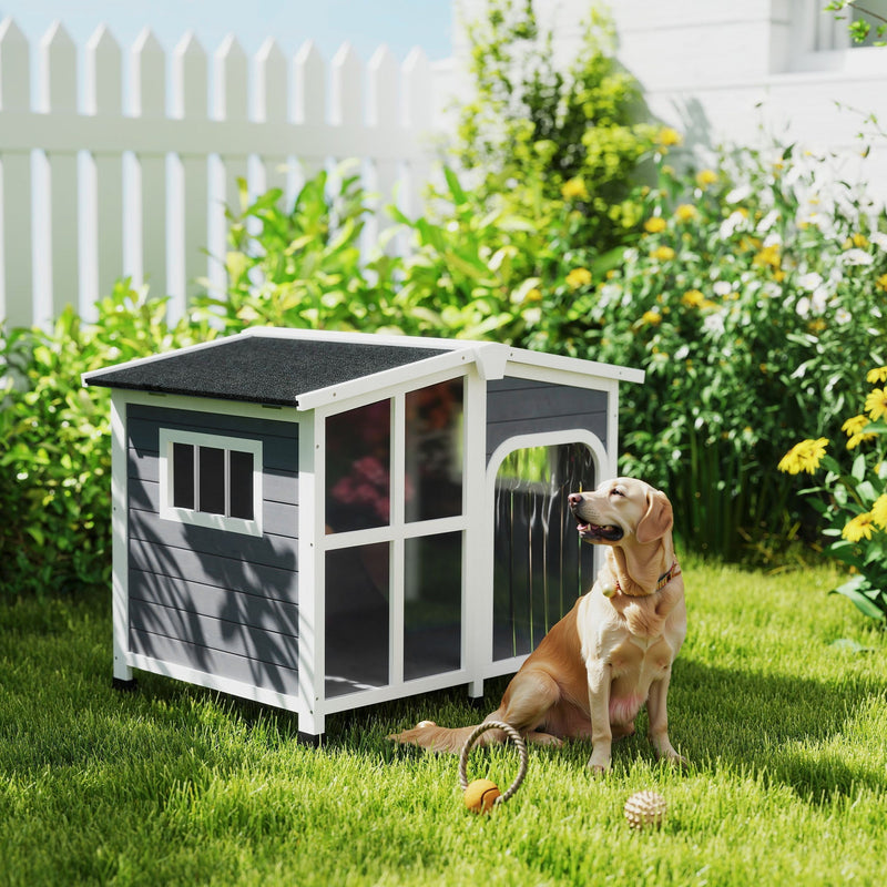 HKM-4291517 Large Dark Gray Wooden Dog House with Openable Roof and Giant Window, Weatherproof Design for Outdoor Use
