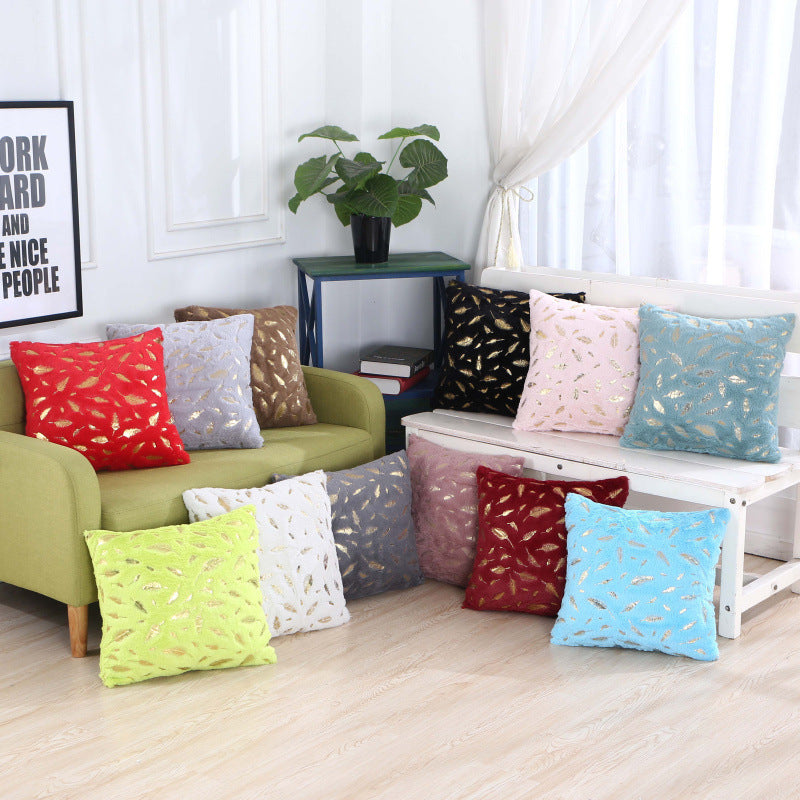 HKM-429203 Plush Bronzing Cushion Pillow with Solid Color and Leaf Pattern for Bay Window, 43x43cm