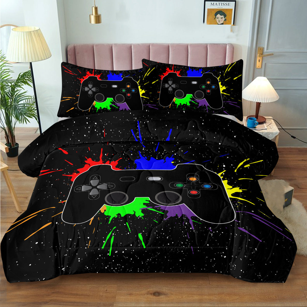 HKM-429395 Black Gaming Comforter Set with Controller Design - Includes Comforter and Pillow Shams in Multiple Sizes