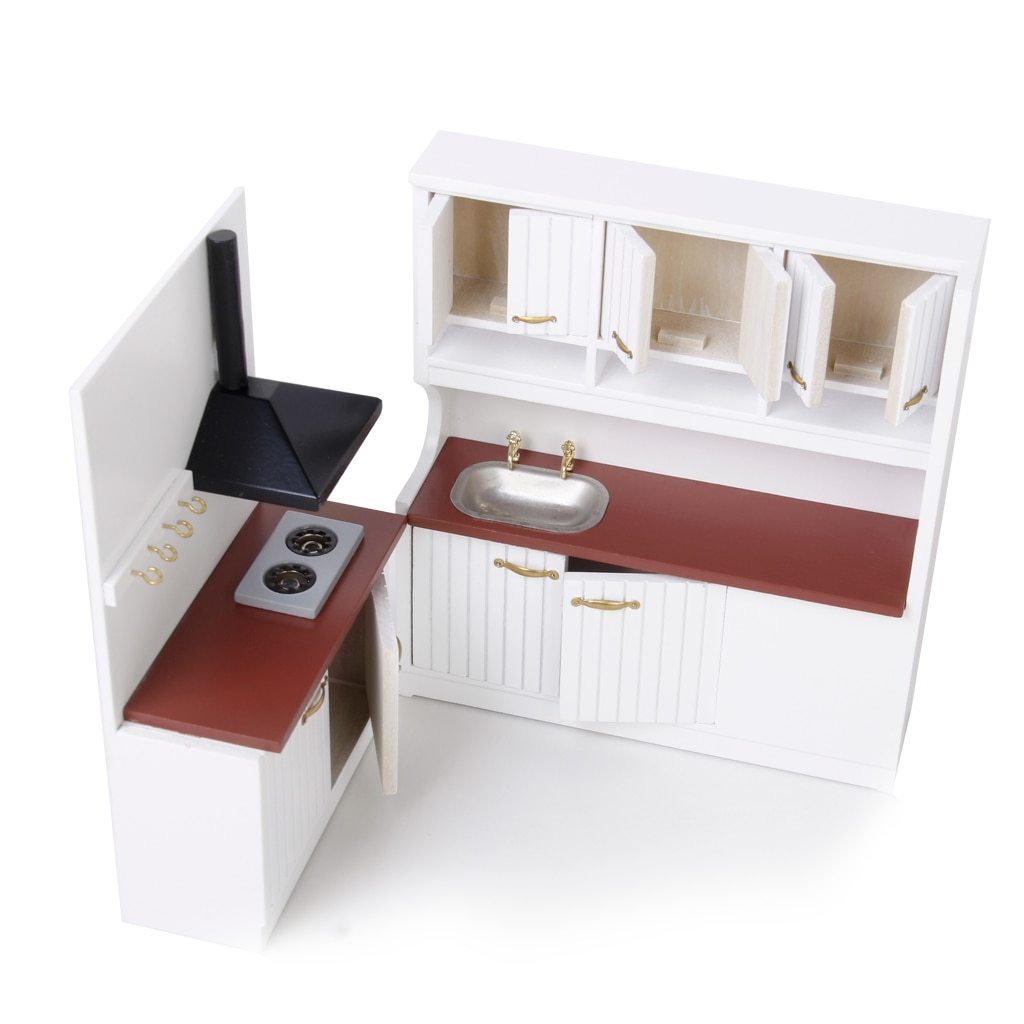 HKM-429907 Two-Piece European-Style Dollhouse Kitchen Cabinets Set with Working Doors and Metal Handles