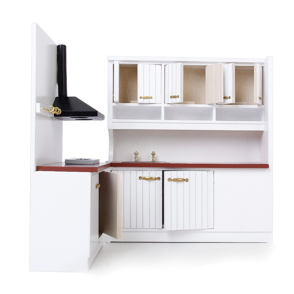 HKM-429907 Two-Piece European-Style Dollhouse Kitchen Cabinets Set with Working Doors and Metal Handles