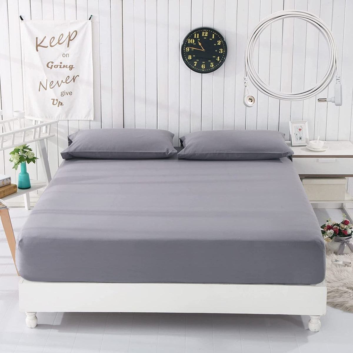 HKM-430227 Ground Gray Silver Cotton Fitted Sheet with Stripe Pattern - Modern Design in Multiple Sizes