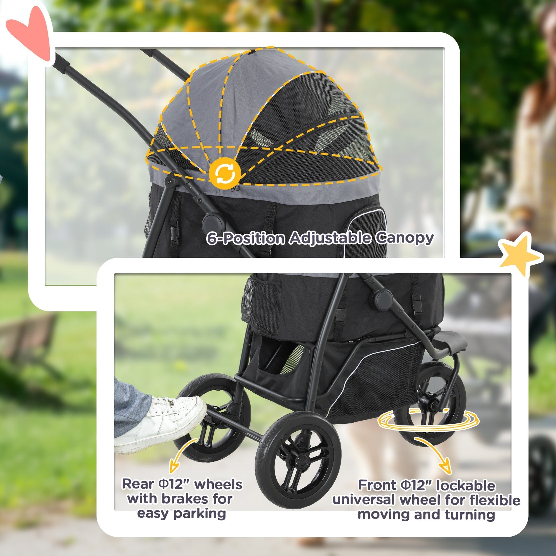 HKM-4305597 3-in-1 Pet Jogging Stroller for Small Dogs and Cats with Carrier and Storage, Gray