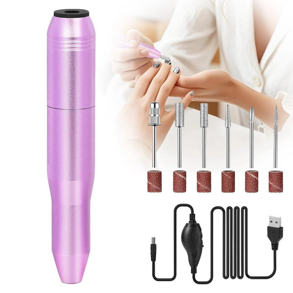HKM-430867 Portable Electric Nail Drill Kit for Manicure and Pedicure with 6 Drill Bits and Sanding Bands - Lightweight Rose Gold Design