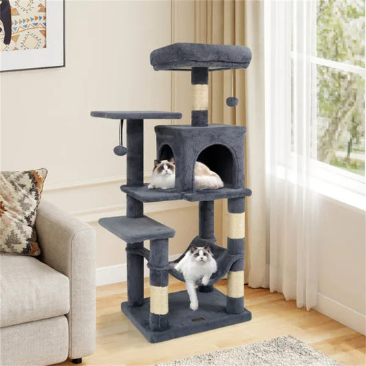 HKM-4308797 Multi-Level Cat Tree with Spacious Top Perch, Condo and Hammock for Indoor Cats - Gray
