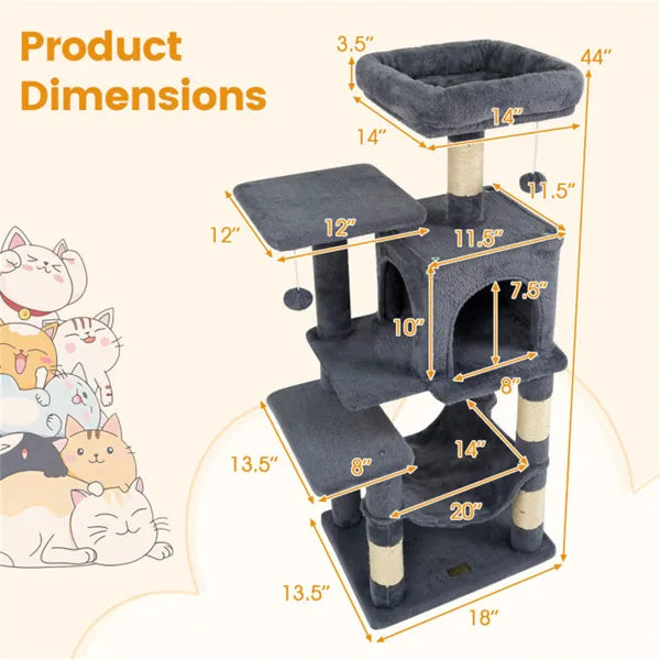 HKM-4308797 Multi-Level Cat Tree with Spacious Top Perch, Condo and Hammock for Indoor Cats - Gray