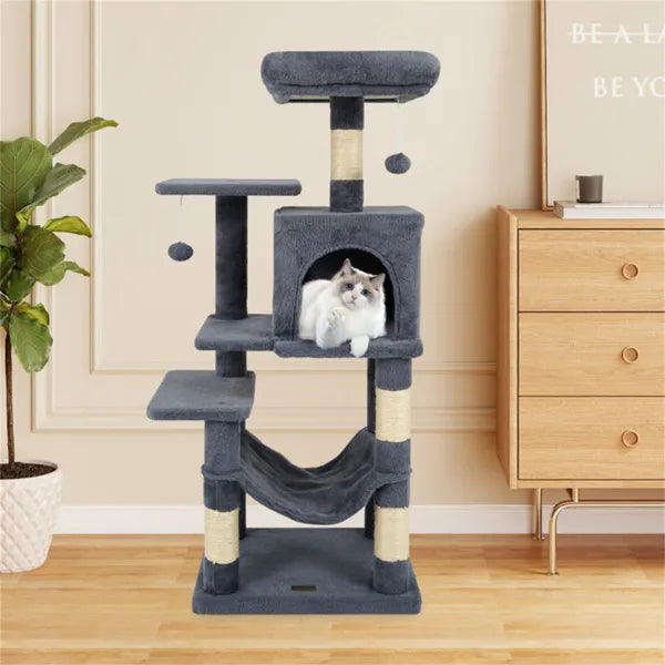 HKM-4308797 Multi-Level Cat Tree with Spacious Top Perch, Condo and Hammock for Indoor Cats - Gray