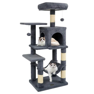 HKM-4308797 Multi-Level Cat Tree with Spacious Top Perch, Condo and Hammock for Indoor Cats - Gray