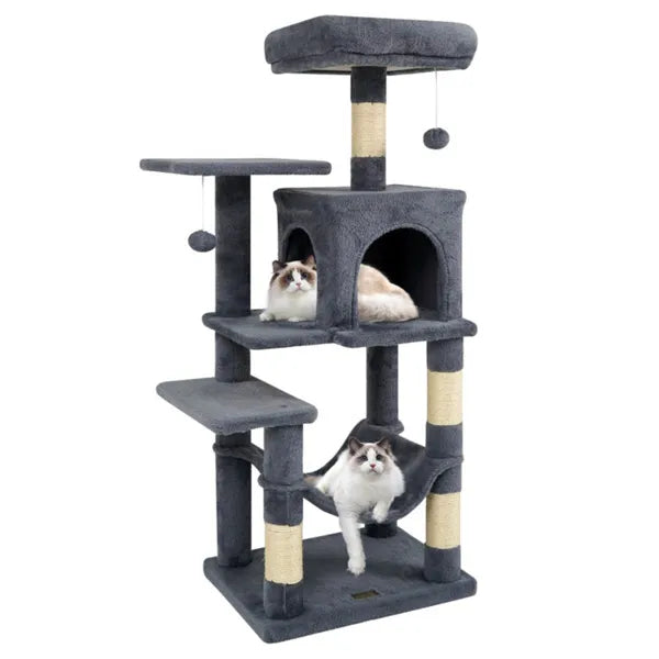 HKM-4308797 Multi-Level Cat Tree with Spacious Top Perch, Condo and Hammock for Indoor Cats - Gray