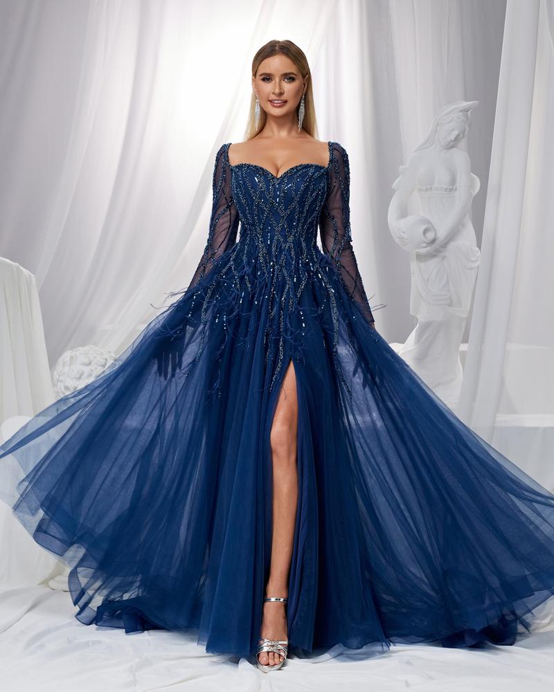 HKM-430931 Elegant Blue Evening Gown with Flattering Silhouette for Women