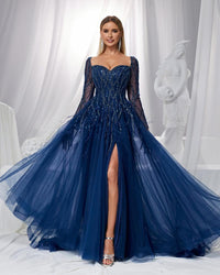 HKM-430931 Elegant Blue Evening Gown with Flattering Silhouette for Women