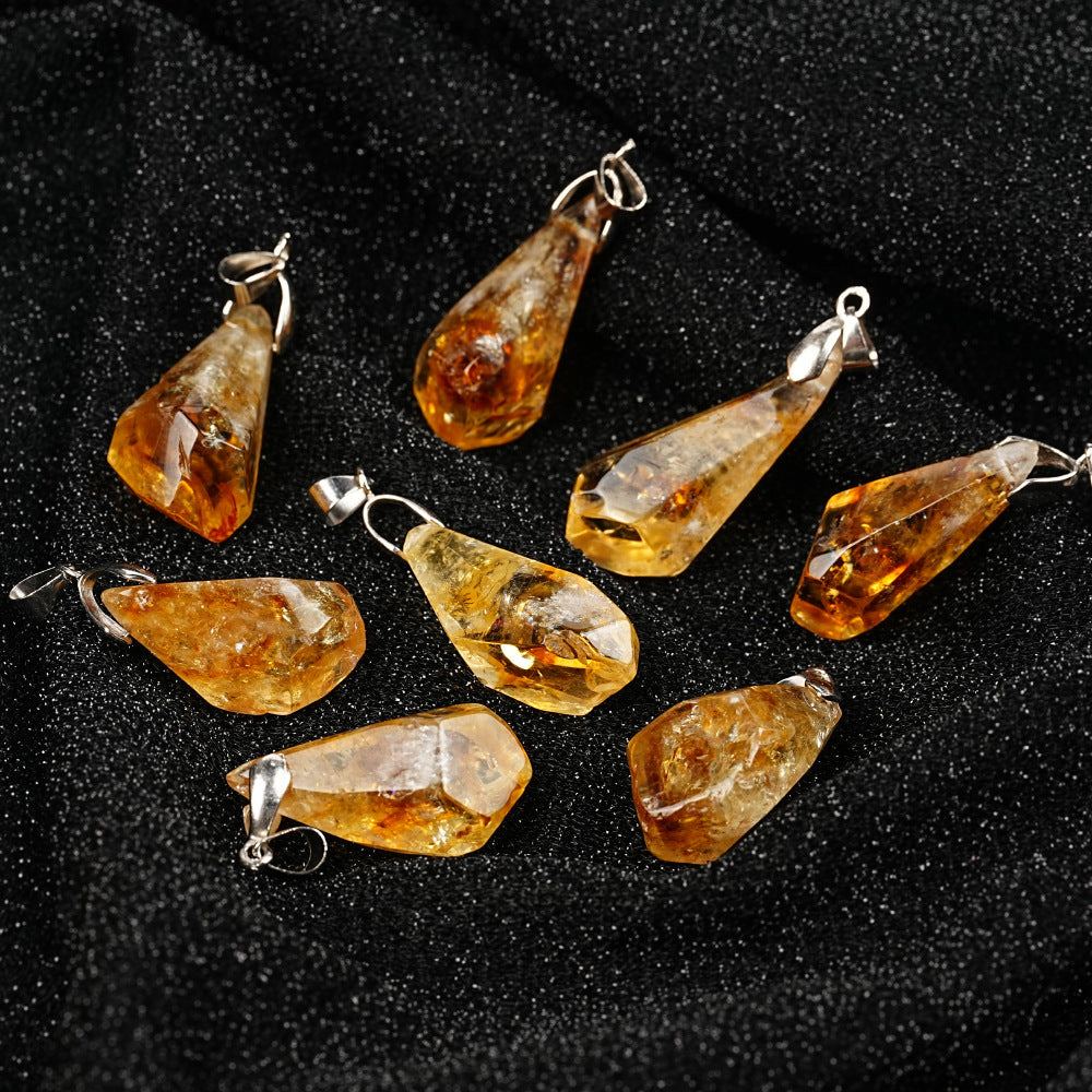 HKM-431059 Natural Citrine Cluster Pendant Necklace with Leather Rope - Irregular Raw Stone Design