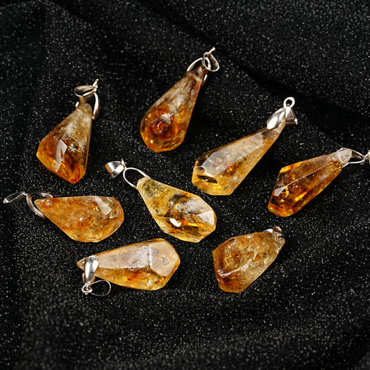 HKM-431059 Natural Citrine Cluster Pendant Necklace with Leather Rope - Irregular Raw Stone Design