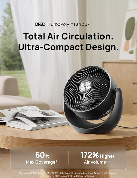 HKM-4312403 11 Inch Table Air Circulator Fan, 60ft Strong Airflow, 120° Adjustable Tilt, 20dB Low Noise, 3 Speed Settings, for Home and Office