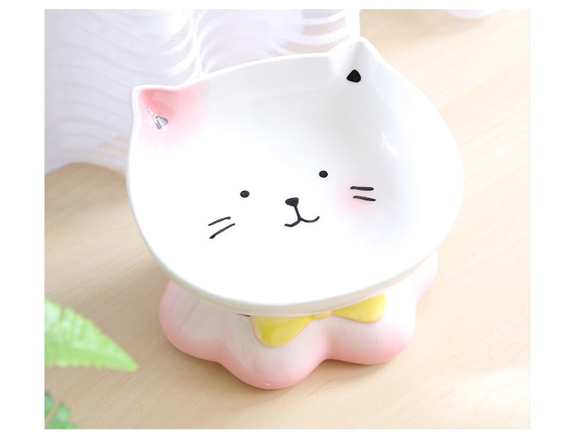 HKM-4315069 Ceramic Cat Bowl for Healthy Eating - Pink and Blue, 155g Grain & 300ml Water Capacity