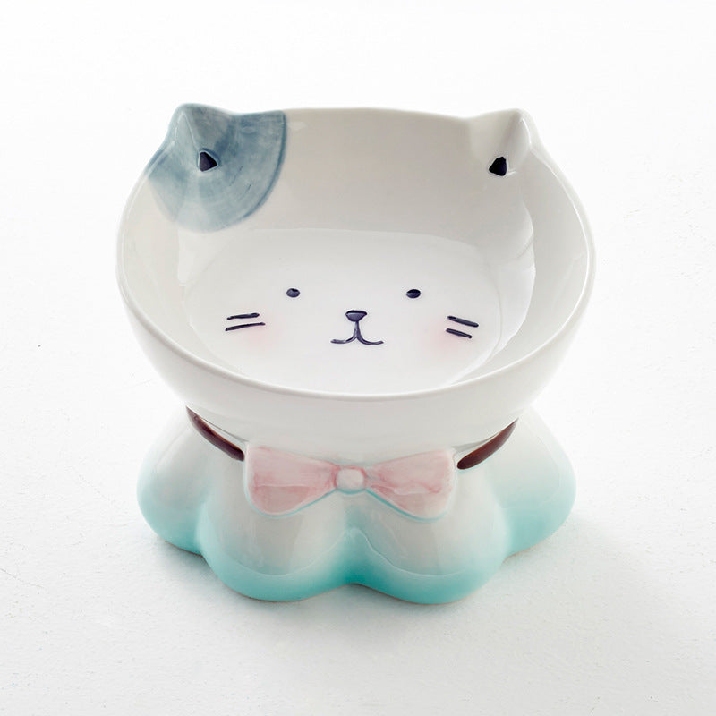 HKM-4315069 Ceramic Cat Bowl for Healthy Eating - Pink and Blue, 155g Grain & 300ml Water Capacity