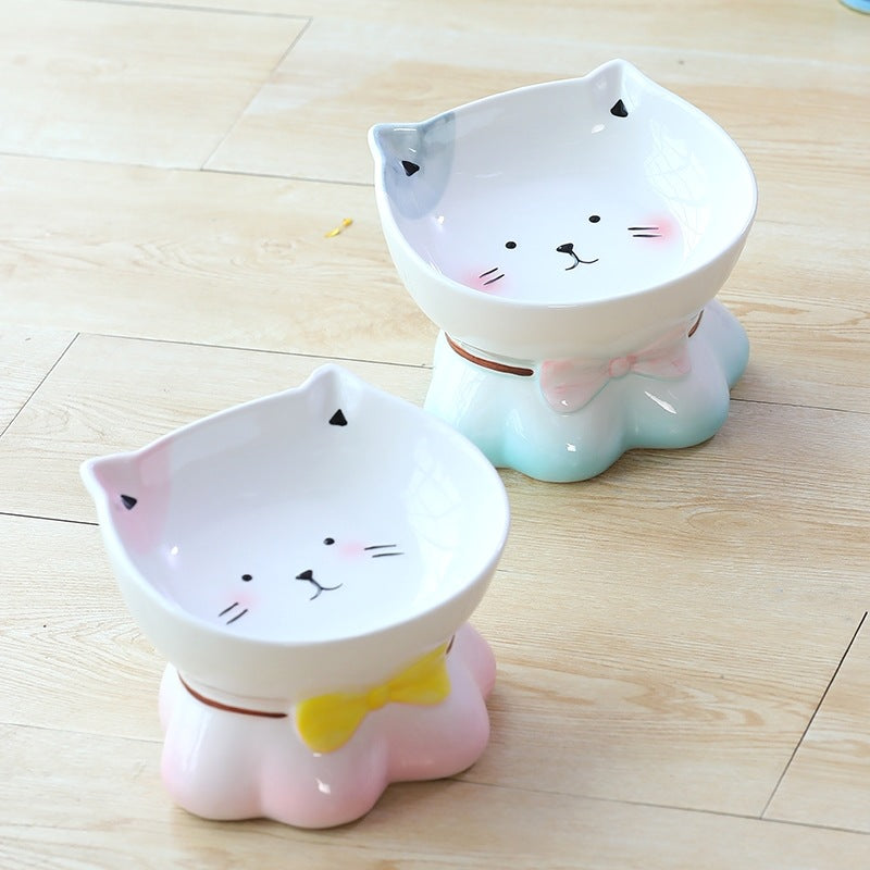 HKM-4315069 Ceramic Cat Bowl for Healthy Eating - Pink and Blue, 155g Grain & 300ml Water Capacity