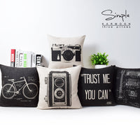 HKM-431763 Vintage Camera Bicycle Design Cotton and Hemp Cushion Pillow - 43cm x 43cm with Invisible Zipper