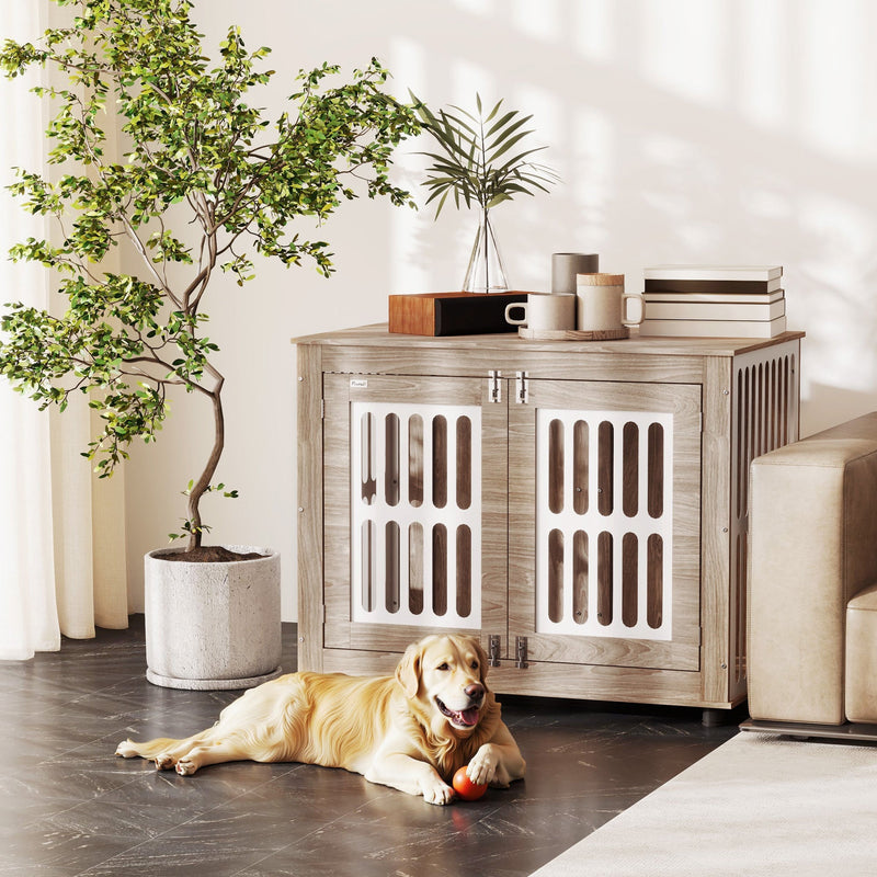 HKM-4318525 Elegant 39" Dog Crate Furniture with Double Doors, Adjustable Non-slip Feet, Ideal for Large Dogs, Walnut Brown