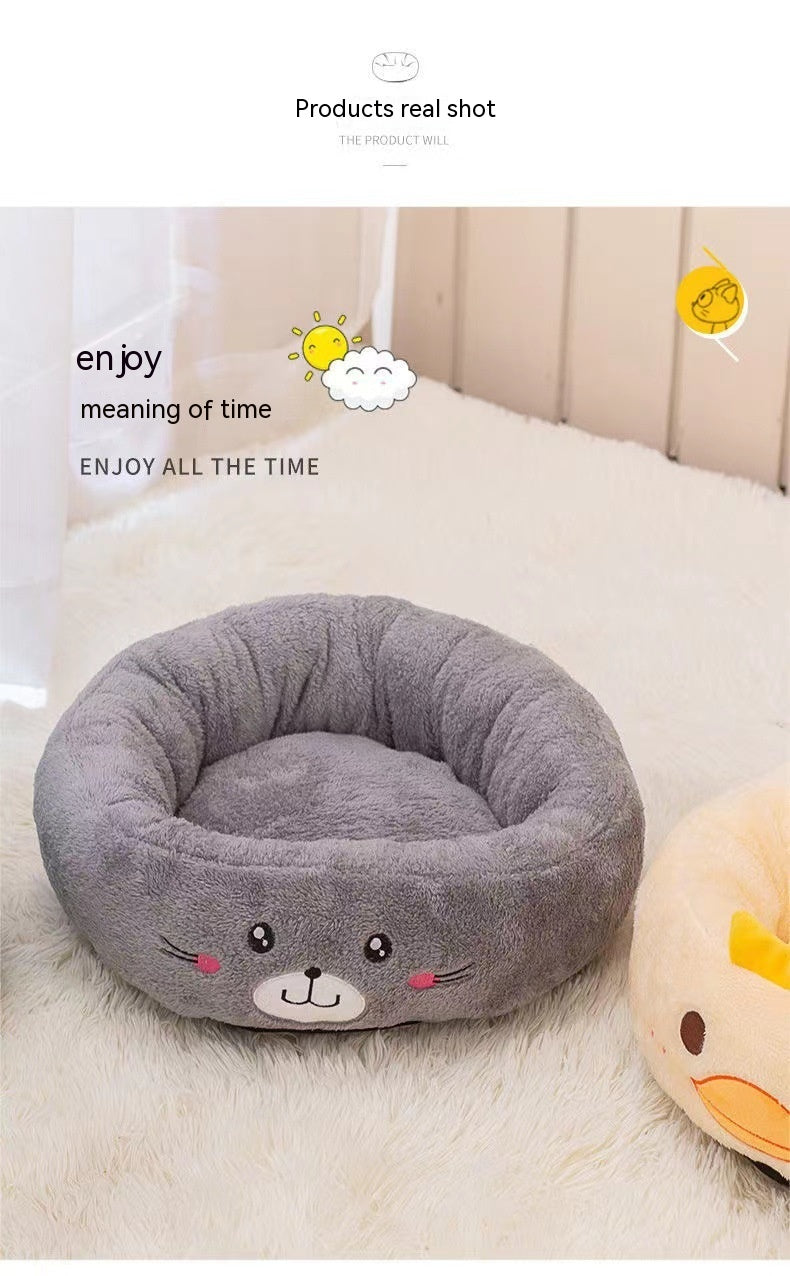 HKM-4318909 Universal Cartoon Embroidery Winter Warm Pet Bed in Yellow Duck, Frog, Blue Cat - Various Sizes Available