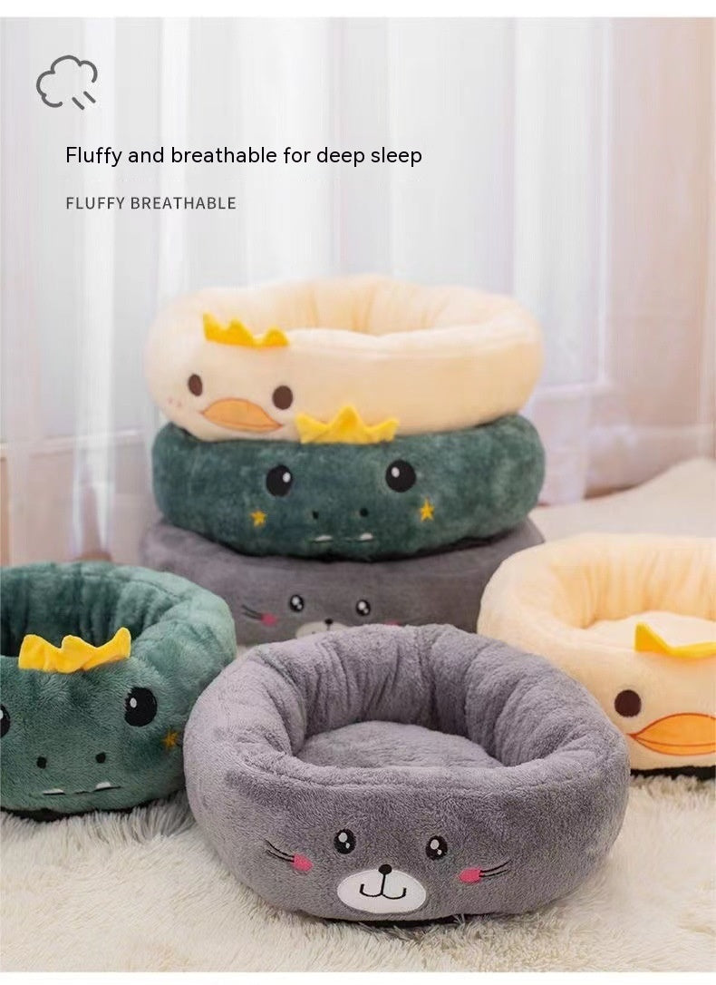 HKM-4318909 Universal Cartoon Embroidery Winter Warm Pet Bed in Yellow Duck, Frog, Blue Cat - Various Sizes Available