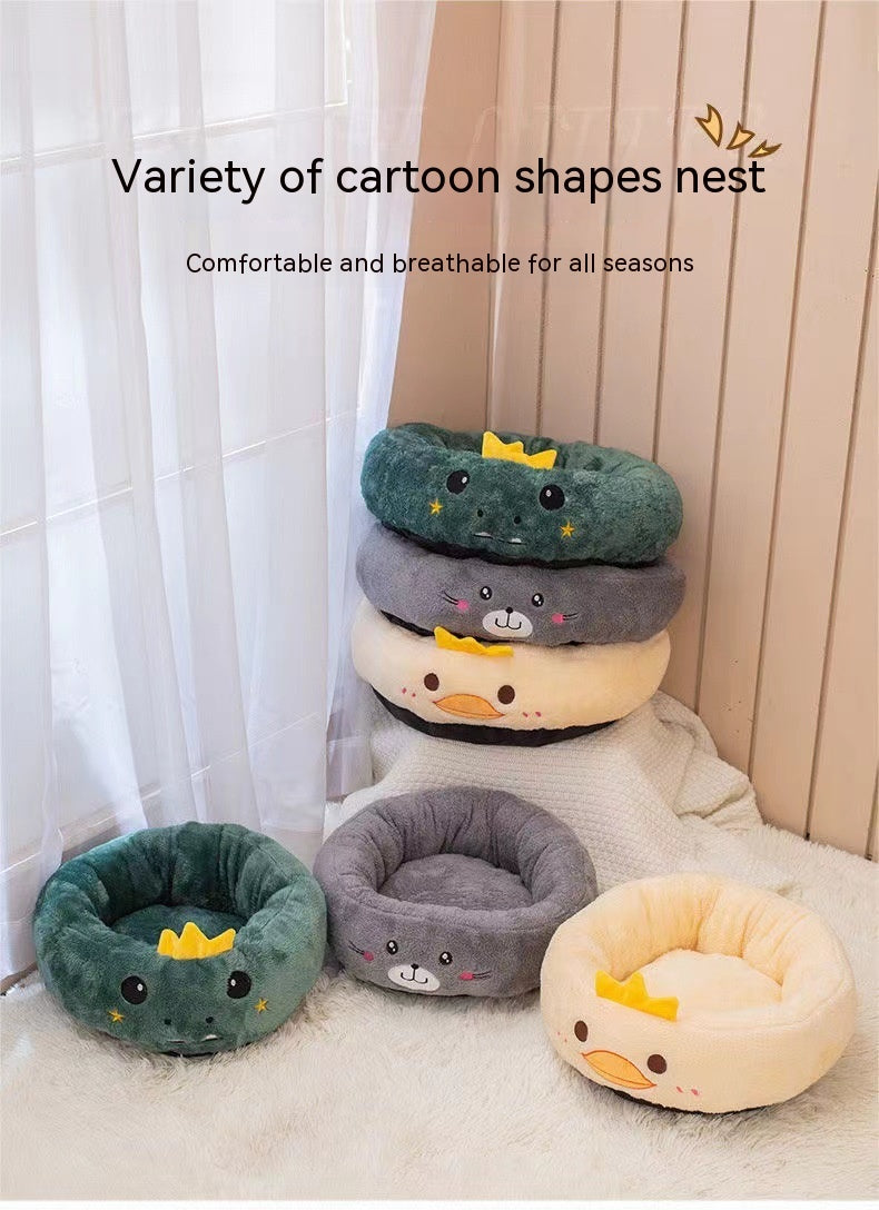 HKM-4318909 Universal Cartoon Embroidery Winter Warm Pet Bed in Yellow Duck, Frog, Blue Cat - Various Sizes Available