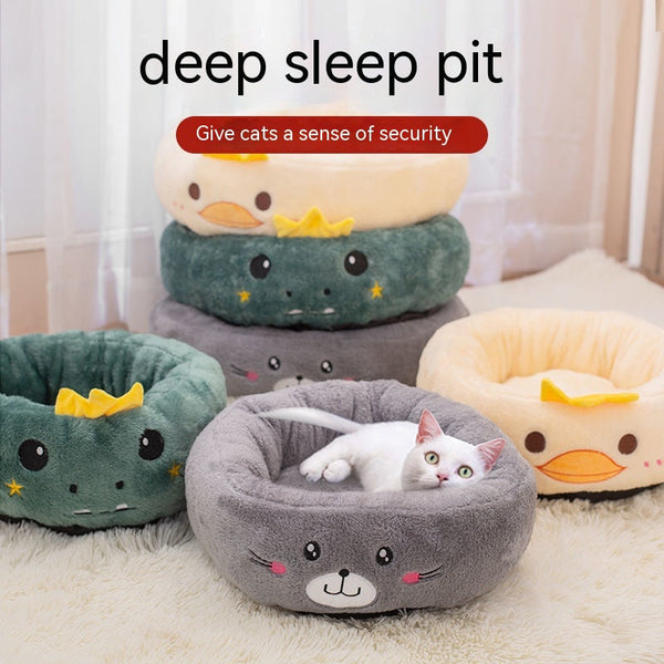 HKM-4318909 Universal Cartoon Embroidery Winter Warm Pet Bed in Yellow Duck, Frog, Blue Cat - Various Sizes Available