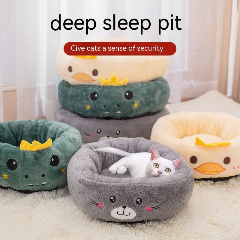 HKM-4318909 Universal Cartoon Embroidery Winter Warm Pet Bed in Yellow Duck, Frog, Blue Cat - Various Sizes Available