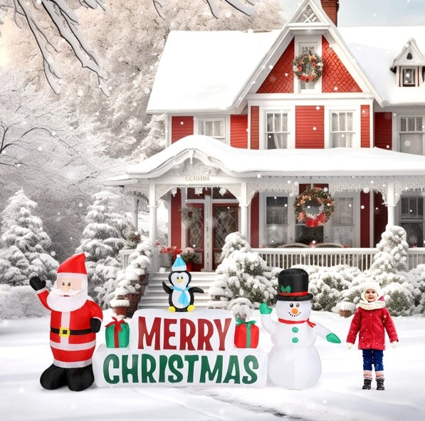 HKM-432147 Inflatable Christmas Decoration: Santa Claus and Snowman with Merry Christmas Sign