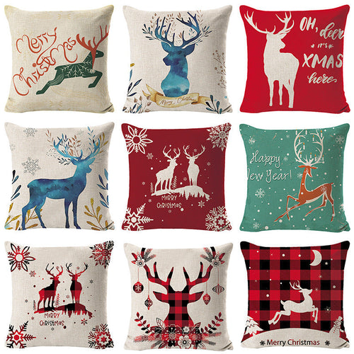 HKM-432211 Christmas Elk Print Linen Pillow Cover - 45x45cm, Multiple Styles Available