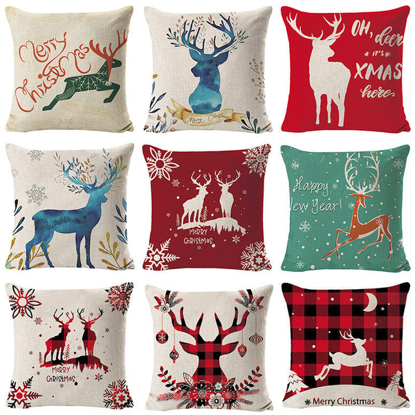 HKM-432211 Christmas Elk Print Linen Pillow Cover - 45x45cm, Multiple Styles Available