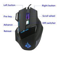 HKM-432211 Wired Gaming Mouse with Adjustable DPI, Optical Tracking, 7 Buttons, and Colorful Lighting