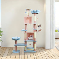 HKM-4323901 71-Inch Blue Cat Tree with Large Condo, Removable Flower Cushion, and Hammock