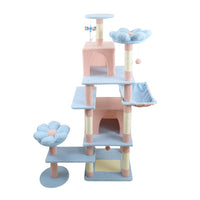 HKM-4323901 71-Inch Blue Cat Tree with Large Condo, Removable Flower Cushion, and Hammock