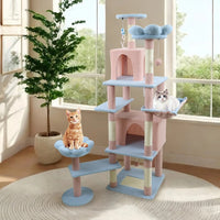 HKM-4323901 71-Inch Blue Cat Tree with Large Condo, Removable Flower Cushion, and Hammock