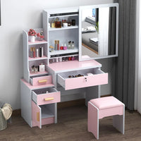 HKM-432403 Wooden Makeup Desk Vanity Set with Cushioned Stool and Round Mirror