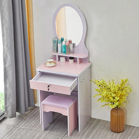 HKM-432403 Wooden Makeup Desk Vanity Set with Cushioned Stool and Round Mirror