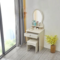 HKM-432403 Wooden Makeup Desk Vanity Set with Cushioned Stool and Round Mirror