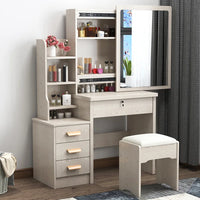 HKM-432403 Wooden Makeup Desk Vanity Set with Cushioned Stool and Round Mirror
