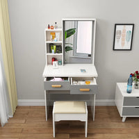 HKM-432403 Wooden Makeup Desk Vanity Set with Cushioned Stool and Round Mirror