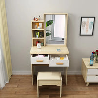 HKM-432403 Wooden Makeup Desk Vanity Set with Cushioned Stool and Round Mirror