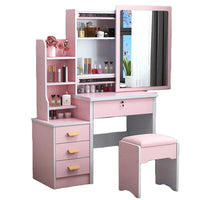 HKM-432403 Wooden Makeup Desk Vanity Set with Cushioned Stool and Round Mirror
