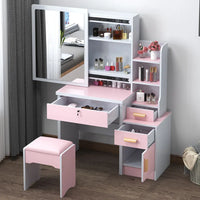 HKM-432403 Wooden Makeup Desk Vanity Set with Cushioned Stool and Round Mirror
