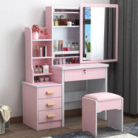 HKM-432403 Wooden Makeup Desk Vanity Set with Cushioned Stool and Round Mirror