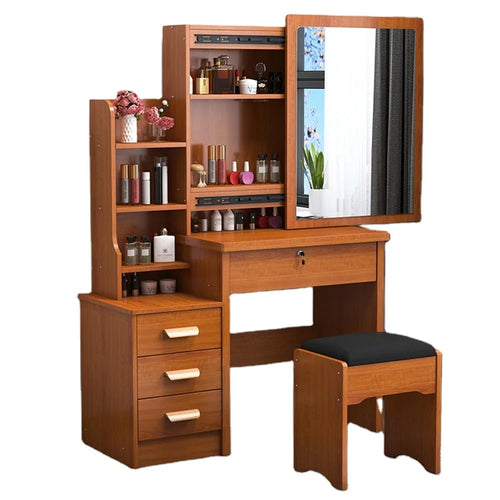 HKM-432403 Wooden Makeup Desk Vanity Set with Cushioned Stool and Round Mirror