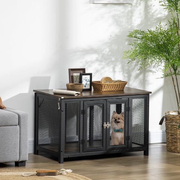 HKM-4324285 Stylish Dog Crate End Table with Openable Top, Spacious for Small Dogs, Durable Wooden Design