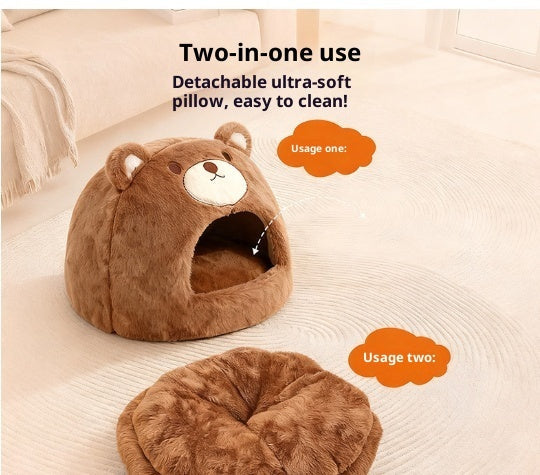 HKM-4324669 Cozy Cat Nest - Warm Closed Sleeping Kennel, 42x42x33cm, White Bear Design