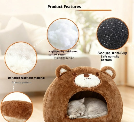 HKM-4324669 Cozy Cat Nest - Warm Closed Sleeping Kennel, 42x42x33cm, White Bear Design