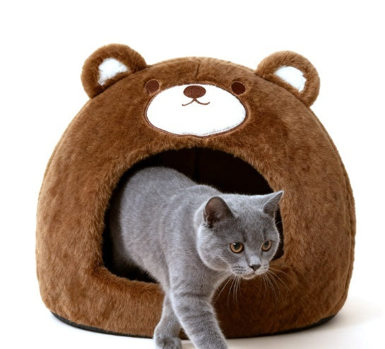 HKM-4324669 Cozy Cat Nest - Warm Closed Sleeping Kennel, 42x42x33cm, White Bear Design
